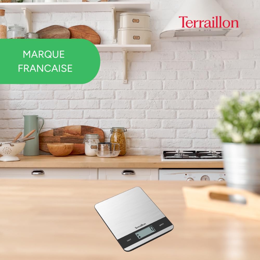 TERRAILLON - SLIM STEEL – Elektronische Küchenwaage, grosses LCD-Display, Edelstahlplatte, ultradünn