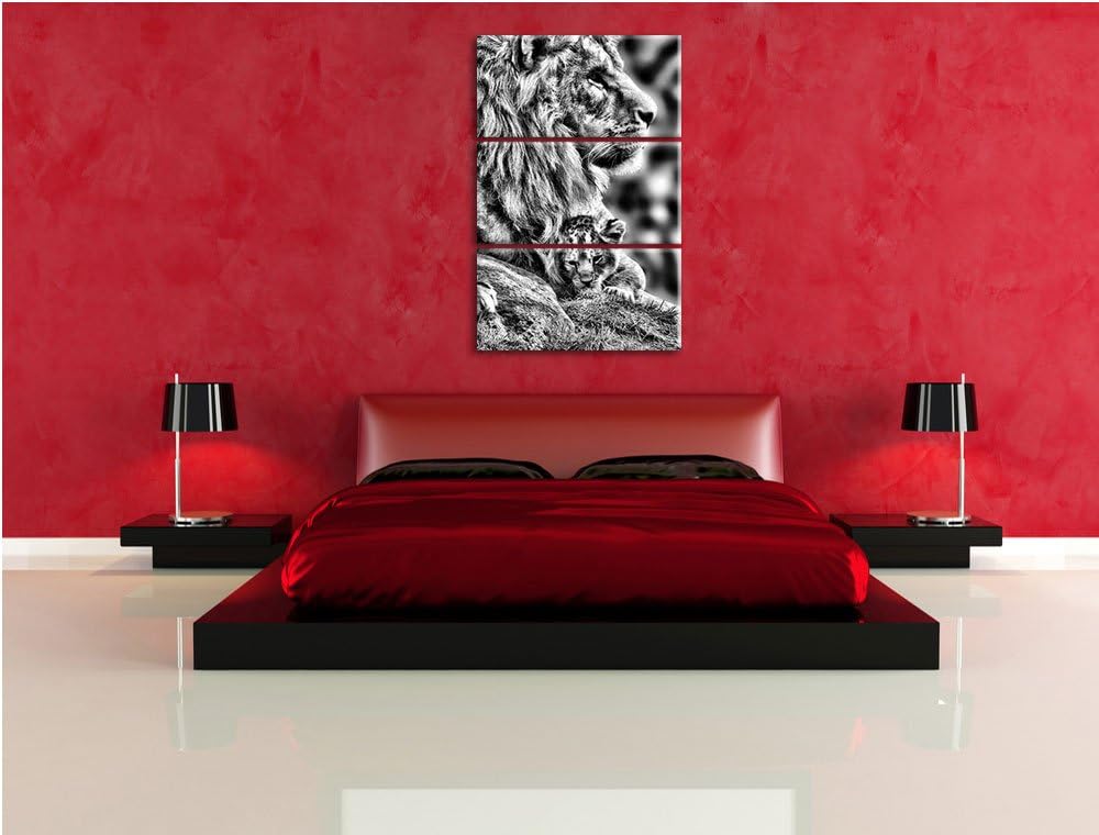 Pixxprint Löwe mit Löwenbaby als Leinwandbild/Grösse: 3 Teilig (120x80) cm/Wandbild/Kunstdruck/ferti