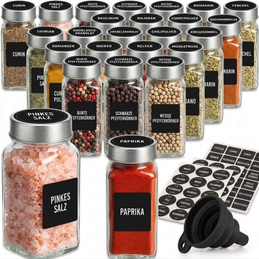 ZEBEN® Gewürzgläser 120ml Set 25 Stück mit Etiketten, Leere Gewürzdosen mit Deckel, Trichter & Reini