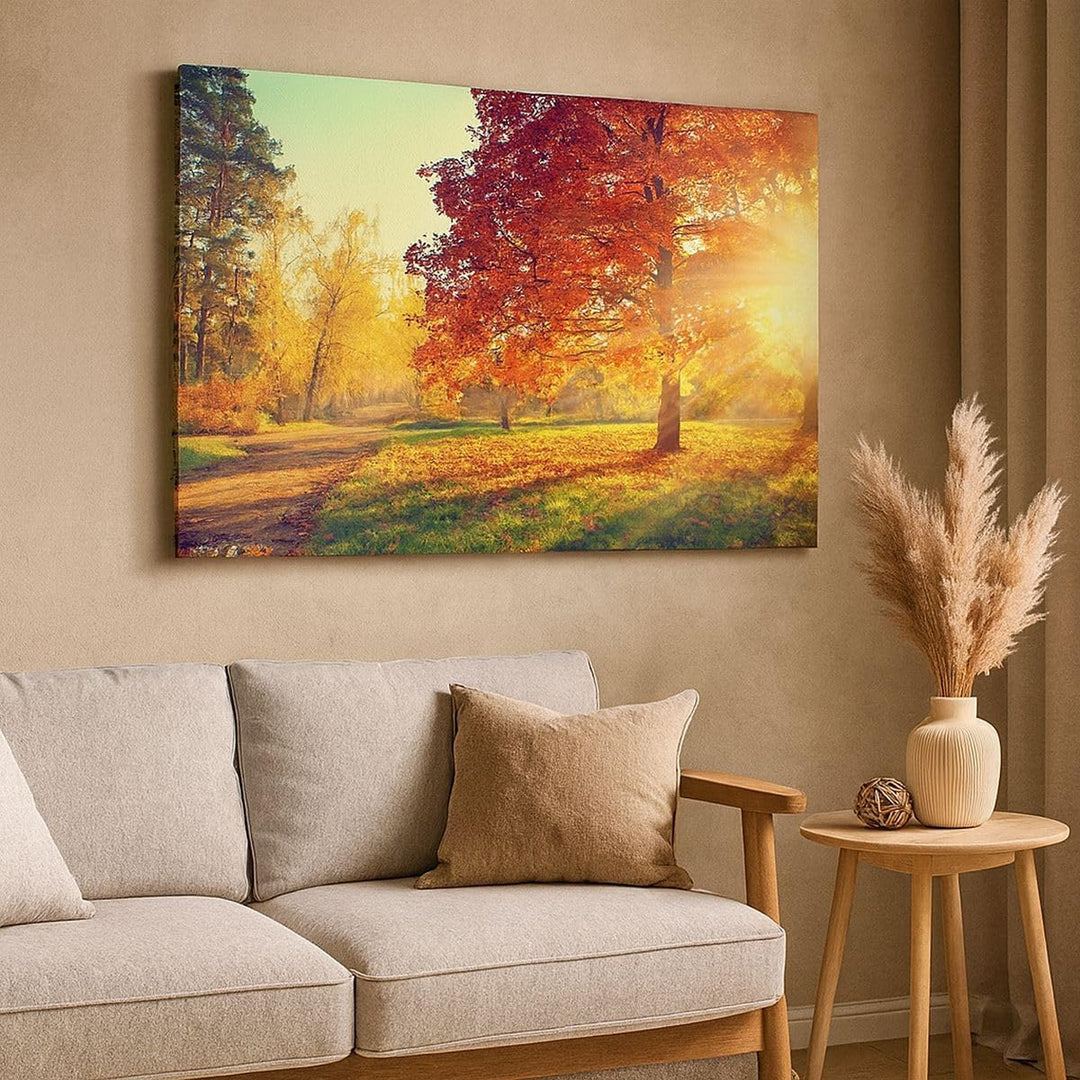 Bilder auf Leinwand 100x70cm Leinwandbild mit Rahmen Park Herbst Baum Gross Wanddeko Bild Schlafzimm