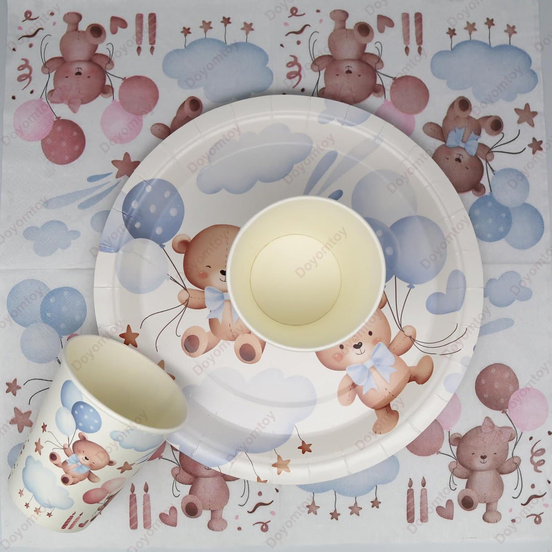 Doyomtoy Plüschbär Partygeschirr,60 Stück Plüschbär Babyparty Deko,Bären-Pappteller Becher,Serviette