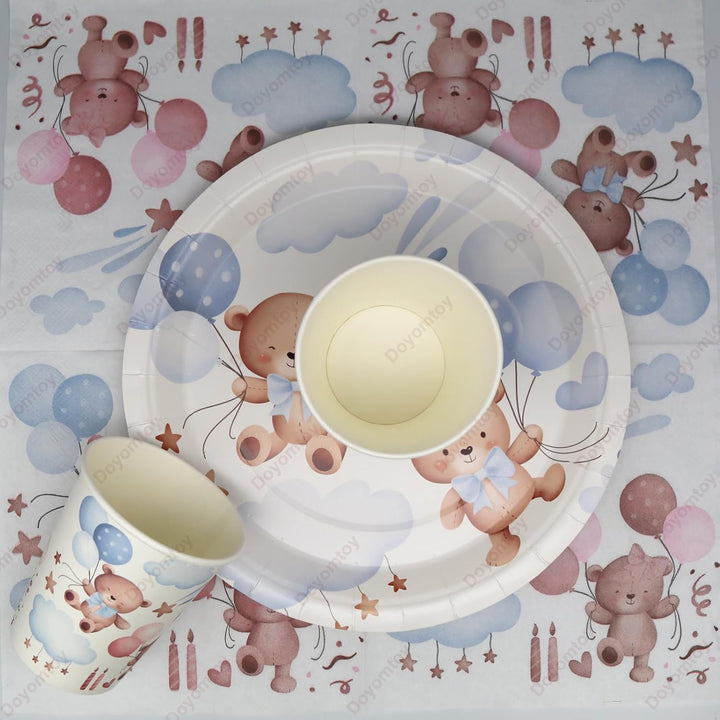 Doyomtoy Plüschbär Partygeschirr,60 Stück Plüschbär Babyparty Deko,Bären-Pappteller Becher,Serviette