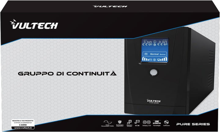 Vultech ups 1000VA Pure Line Interactive mit Reiner Sinuswelle und LCD Serie Pure 1000 VA | 800 Watt