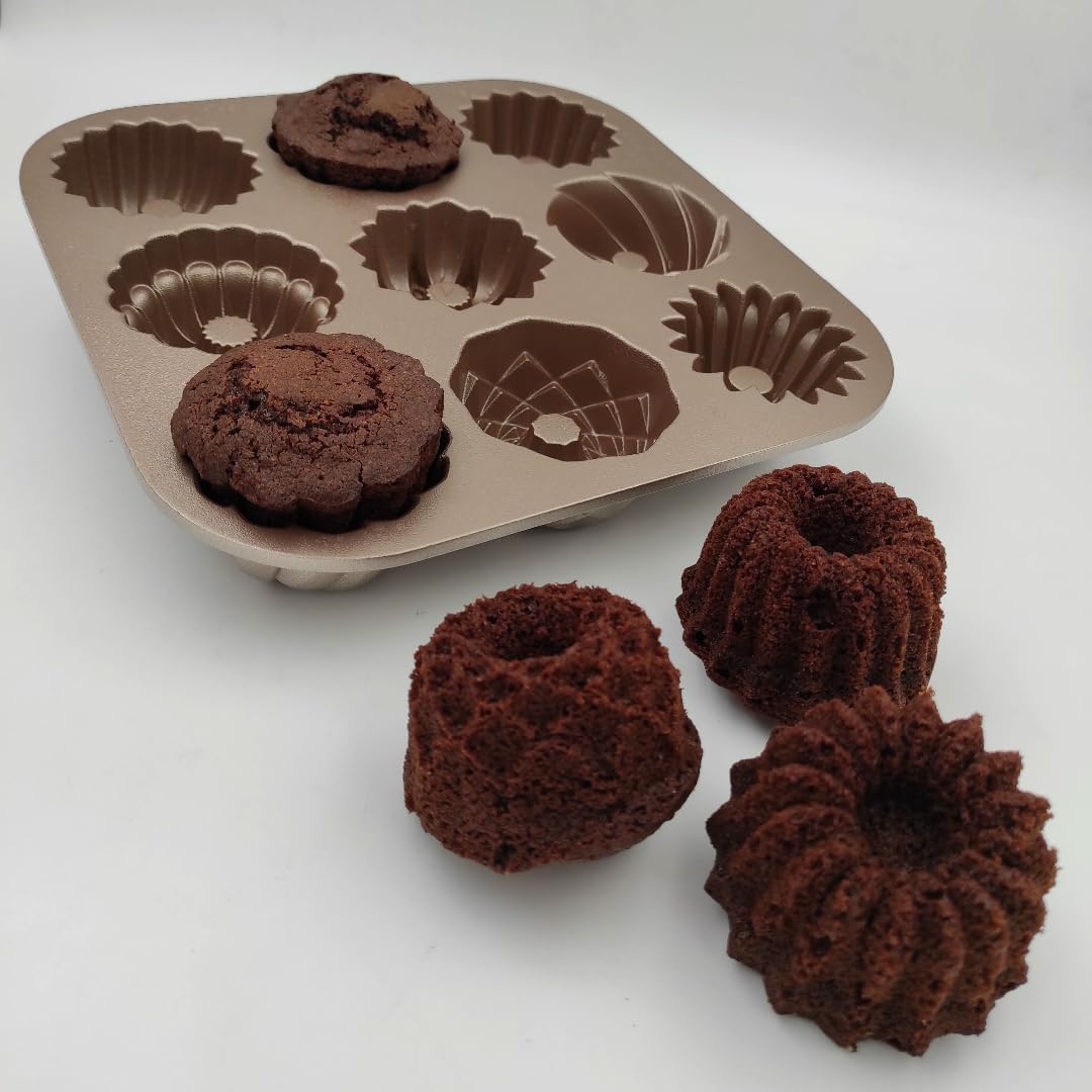 patisse 04521 – Backform für 9 Mini-Gugelhuffs, 9 Mini-Bundt Cakes, Aluminiumguss, goldfarben, 24 x