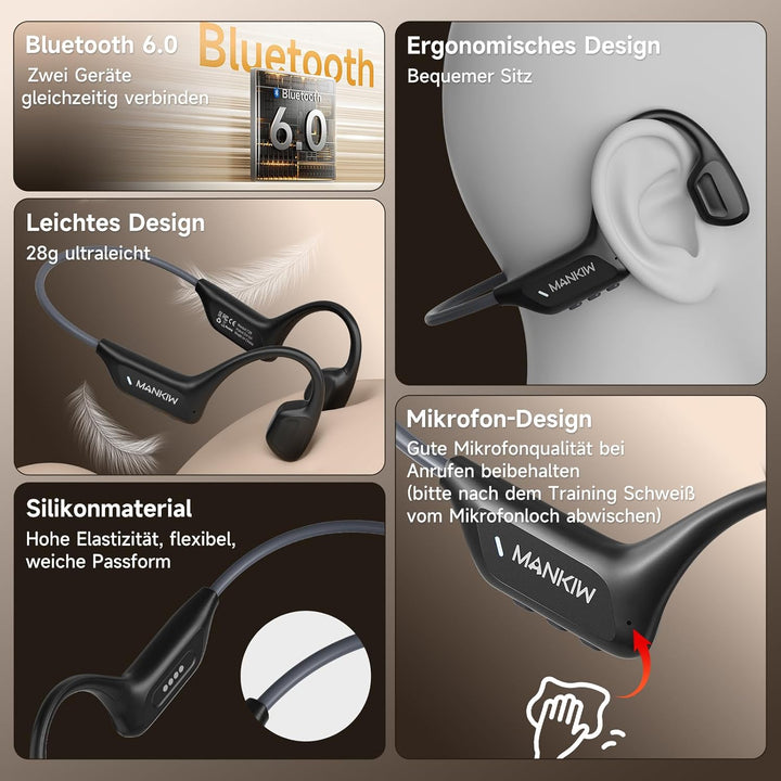 MANKIW Knochenschall Kopfhörer, IP68 Open Ear Kopfhörer Bluetooth 6.0, Bone Conduction Headphones fü