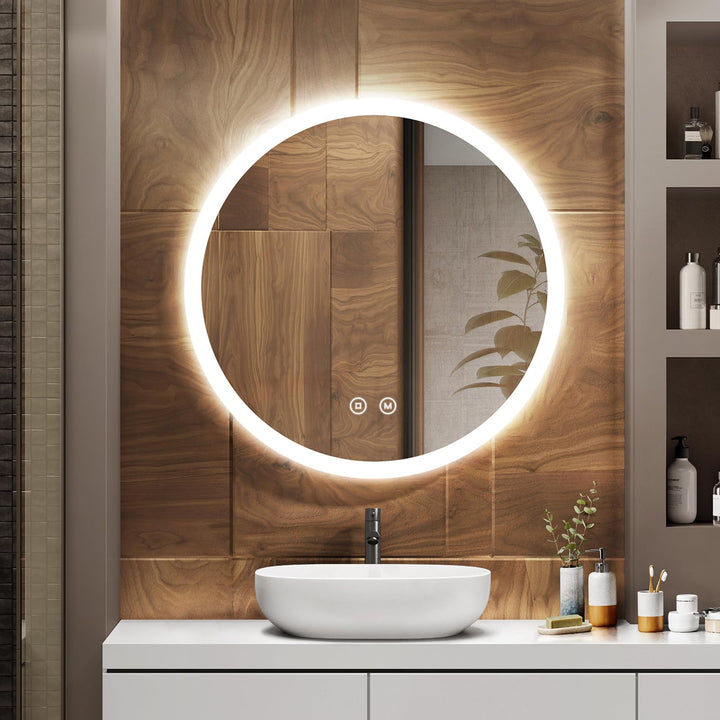 EMKE Badspiegel mit Beleuchtung Rund 70cm, Dimmbar, Beschlagfrei | LED Spiegel mit Beleuchtung, 3 Li