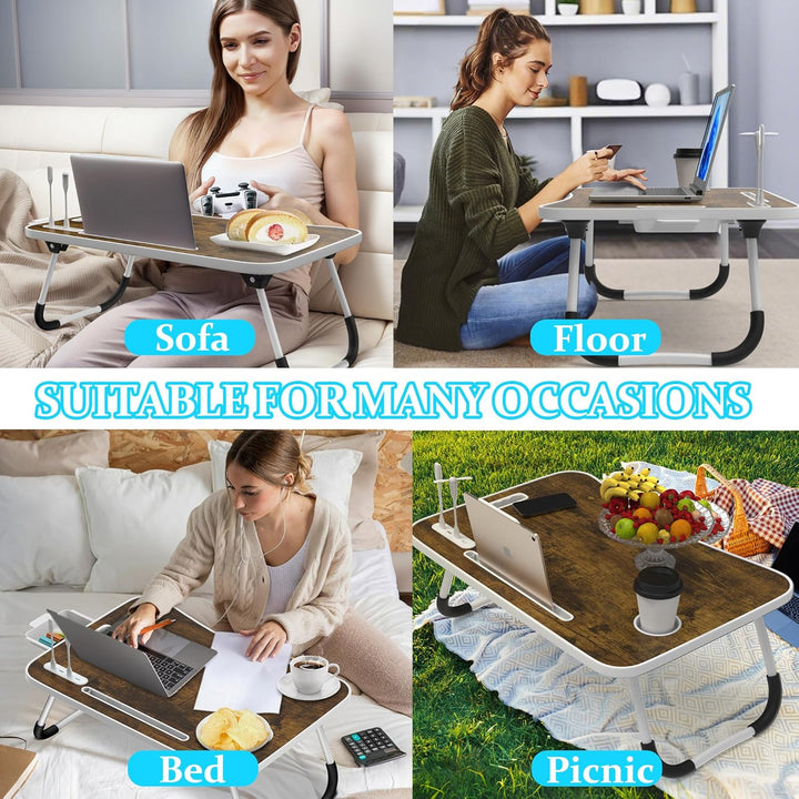 Soontrans Laptoptisch 60x40x28 cm, Laptop Tisch mit Schublade, Getränkehalter, Tablethalter, Griff,