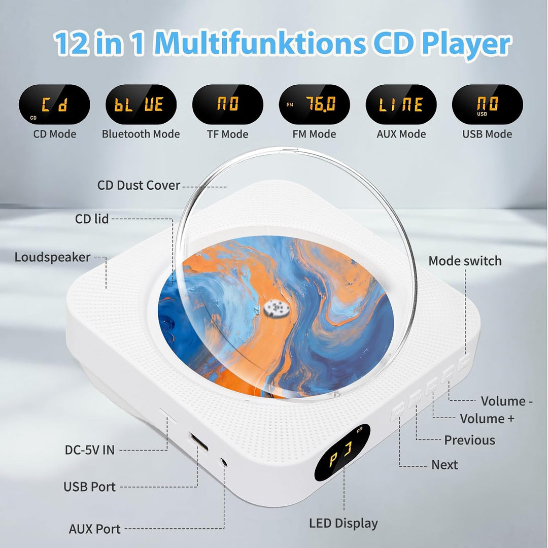 Liphier Tragbarer Bluetooth-Musik-CD-Player – Desktop-Multifunktionaler Kpop-CD-Player mit HiFi-Soun