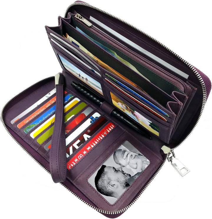 Damen Portemonnaie Leder lila gross lang, RFID Schutz, Münzfach, viele Fächer Handyfach - Clutch Gel