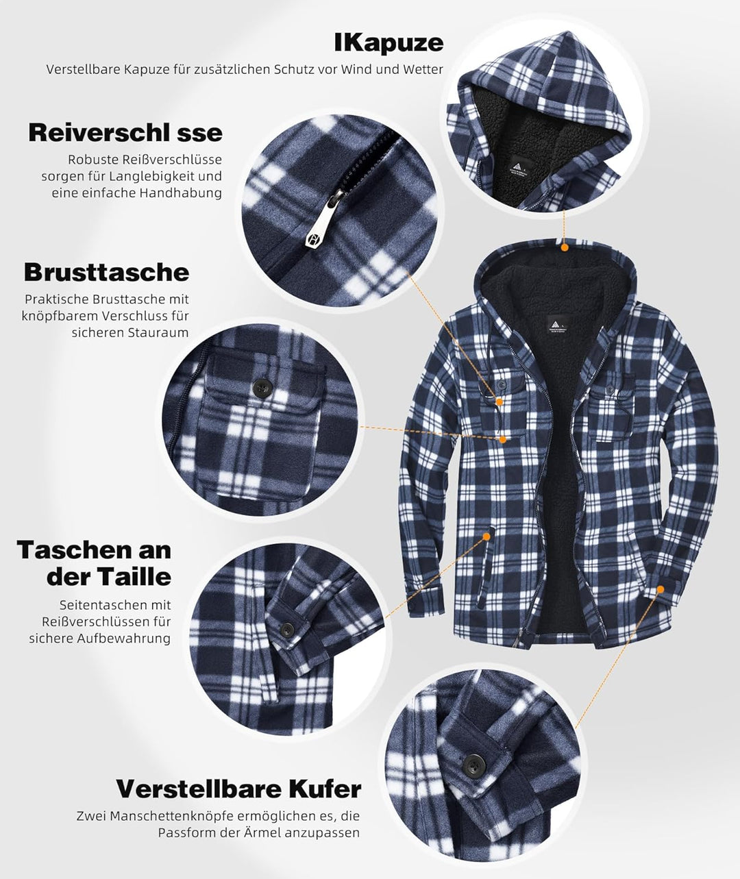 JACKETOWN Hemdjacke Herren Kariertes Winterjacke Thermohemd Fleece Gefüttert Freizeit Jacke mit Kapu
