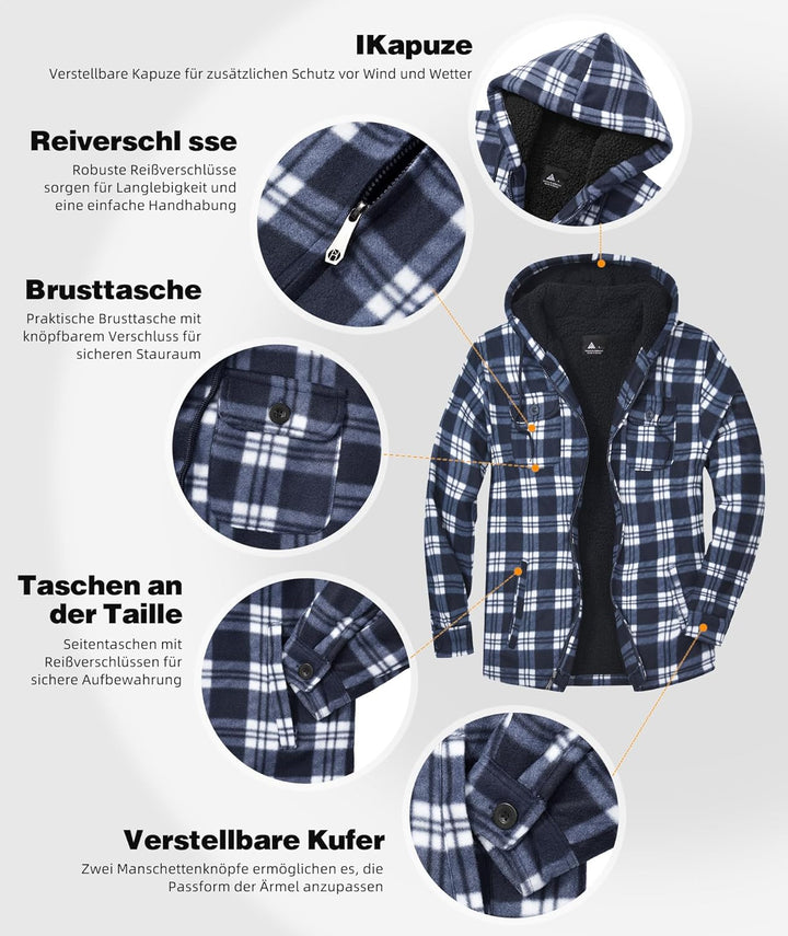 JACKETOWN Hemdjacke Herren Kariertes Winterjacke Thermohemd Fleece Gefüttert Freizeit Jacke mit Kapu