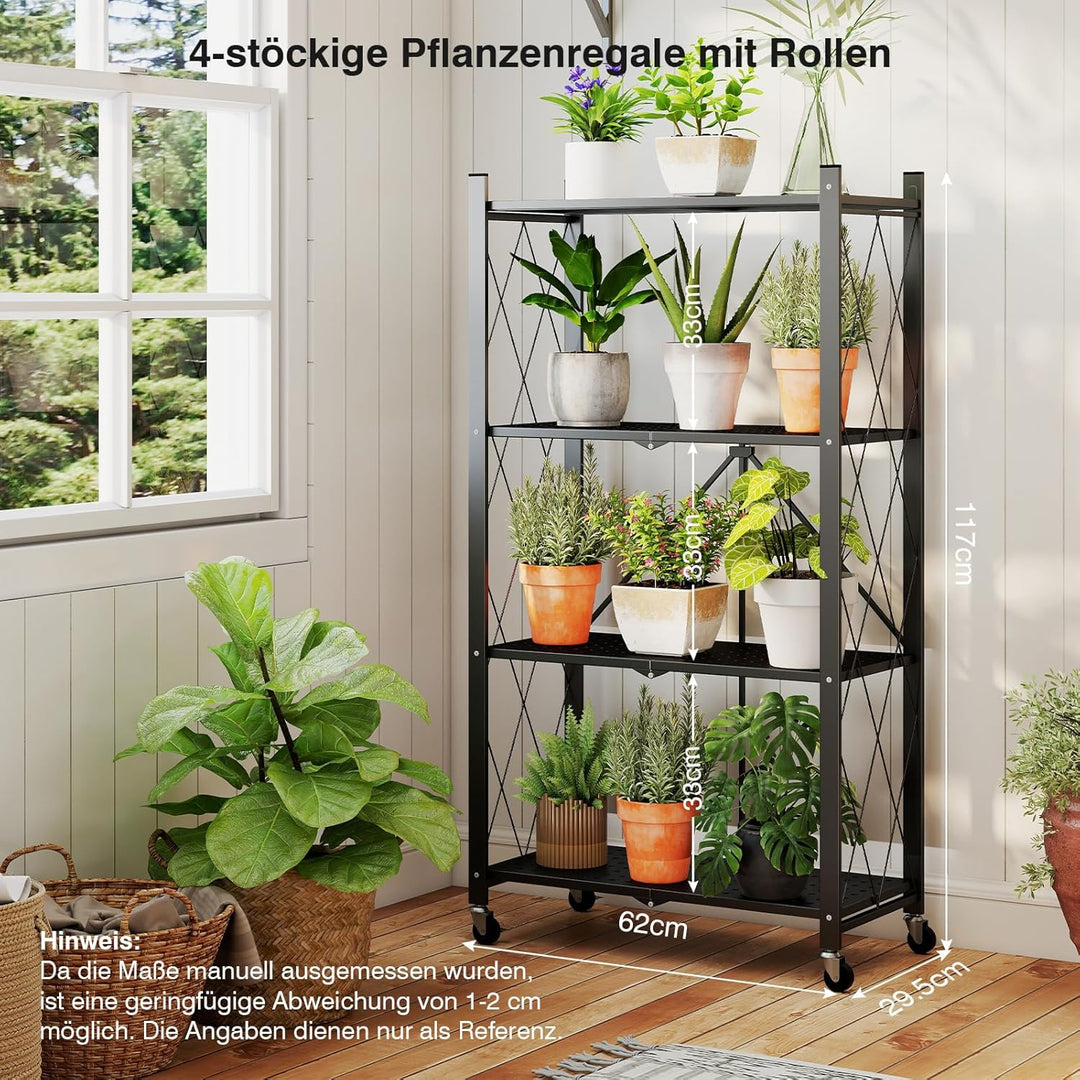 ALANNG Blumenständer mit Rädern, 4 Ablagen Stabiler Pflanzenständer, Metall Pflanzenregal Indoor Ein