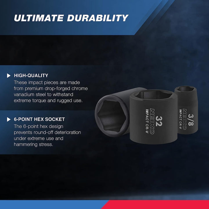 Neiko 02447A 1/2-Inch Drive Shallow Impact Socket Set with Extension Bars, 32-Piece | SAE (3/8" to 1