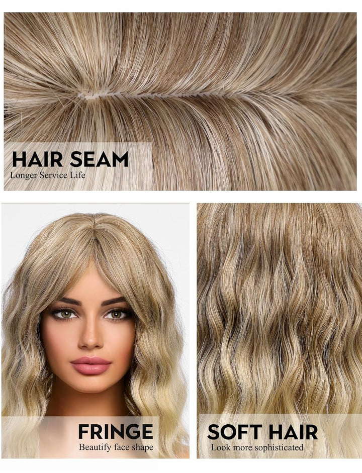 WOKESTAR Bob Lockige Perücke mit Fransen, Kurze Synthetische Gewellte Perücken für Frauen Ash Blonde