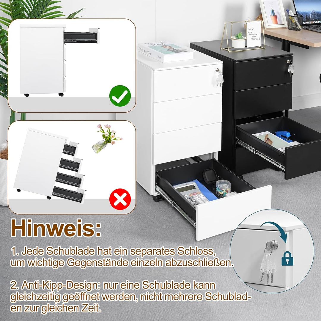 Rollcontainer, Mobiler Aktenschrank mit Schloss, 4 Schlüssel, 4 Schubladen, Metallschrank, Bereits V