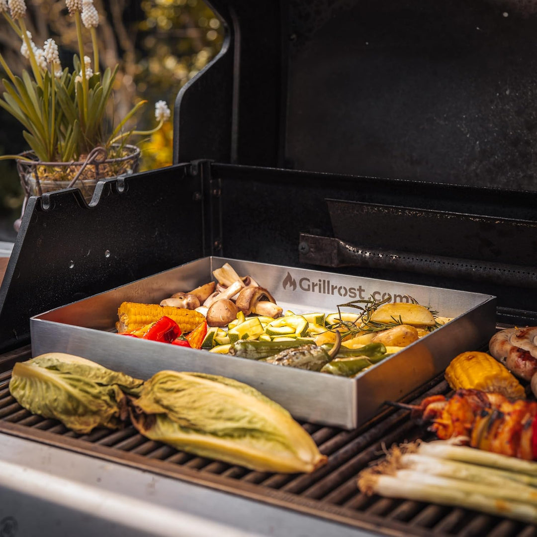 Edelstahl Grillplatte | Plancha | Wanne 30x25cm - Universalgrösse - rundum verschweisst | extra Mass