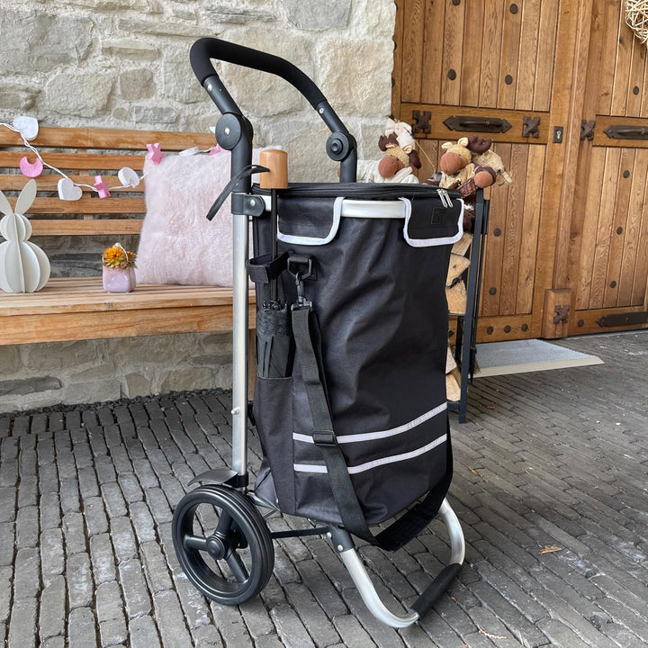 Faltbarer Aluminium Einkaufstrolley 57L (48L + 9L Kühlfach) Schwarz, 30kg Traglast, 35x45x98cm, Eva