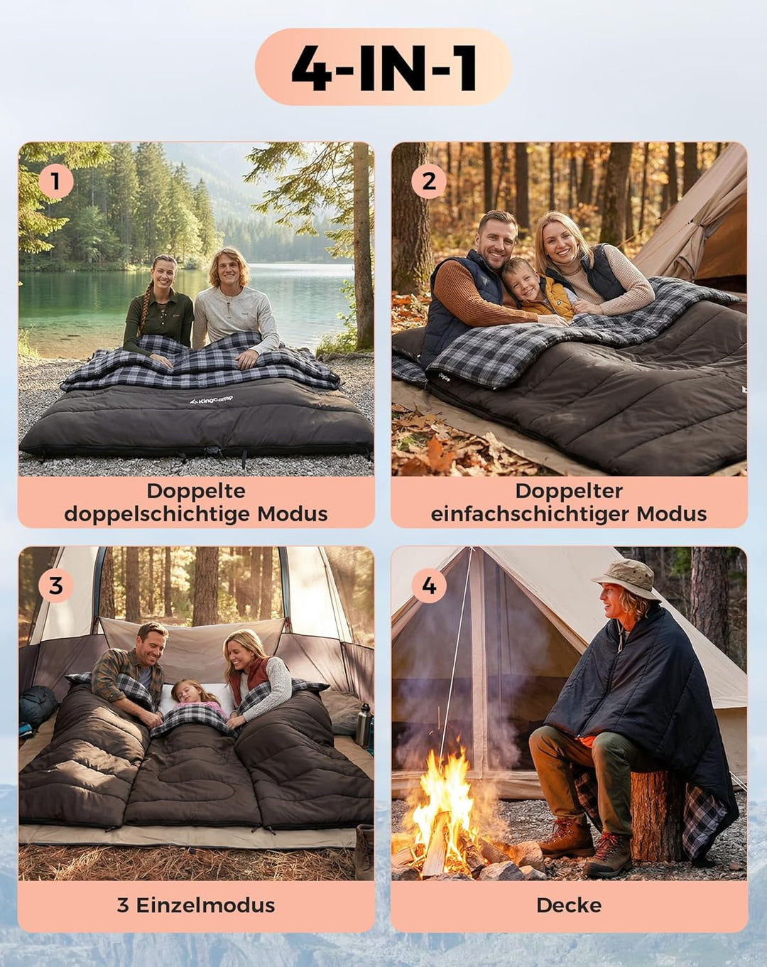 KingCamp Doppelschlafsack Baumwolle Flanell Winter Schlafsack 2 Personen Warmer Deckenschlafsack 3-4