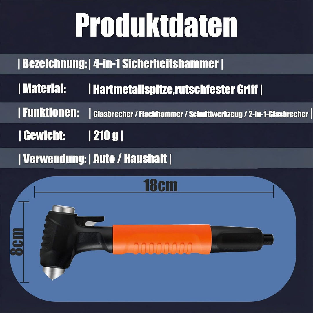 4-in-1 Notfallhammer Auto mit Gurtschneider,Autoscheiben Zertrümmerer mit Federkraft-Tungstahlkopf,K