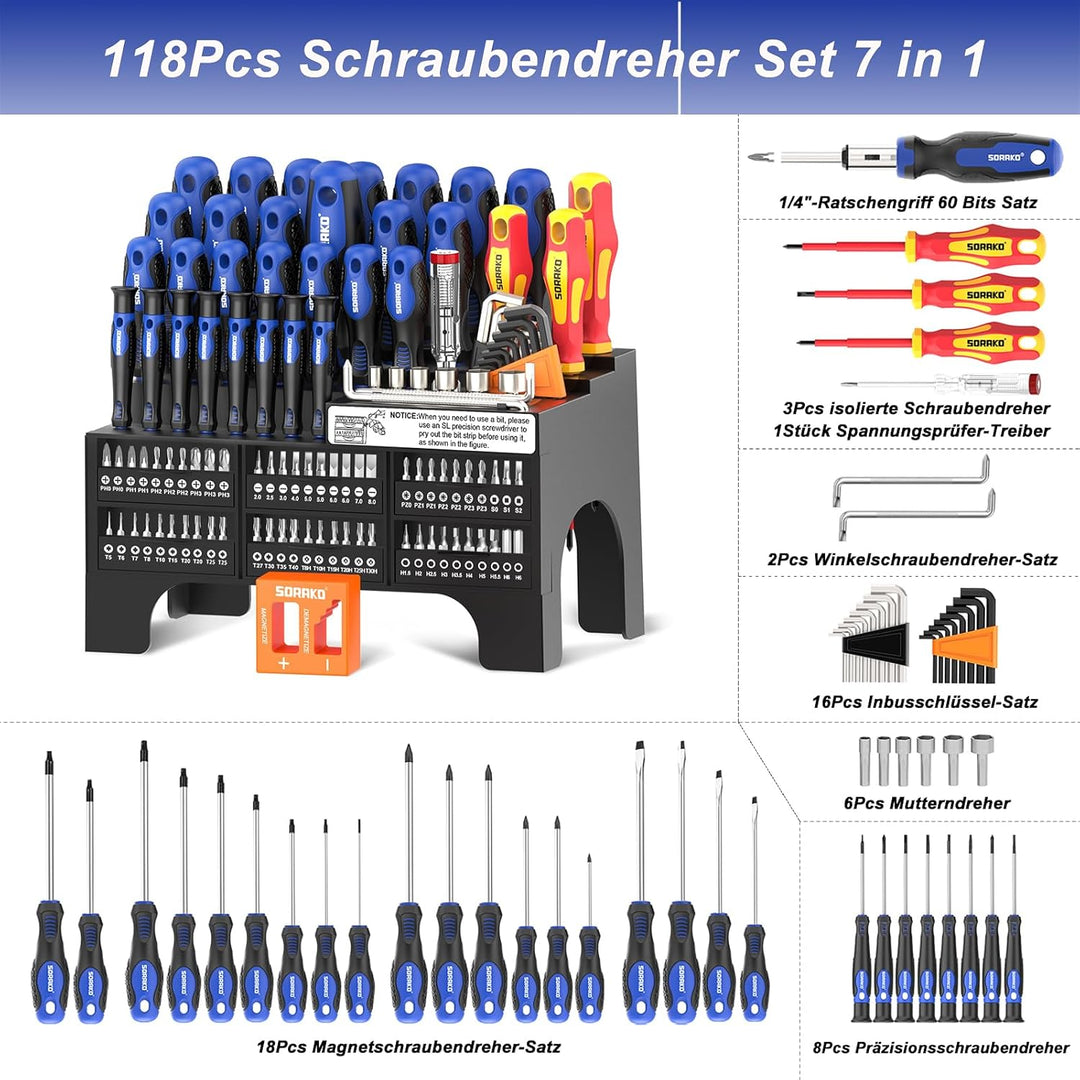 SORAKO 118tlg Schraubendreher Set magnetisch, inkl. Ratschenschraubendreher, Bits, Präzisionsschraub