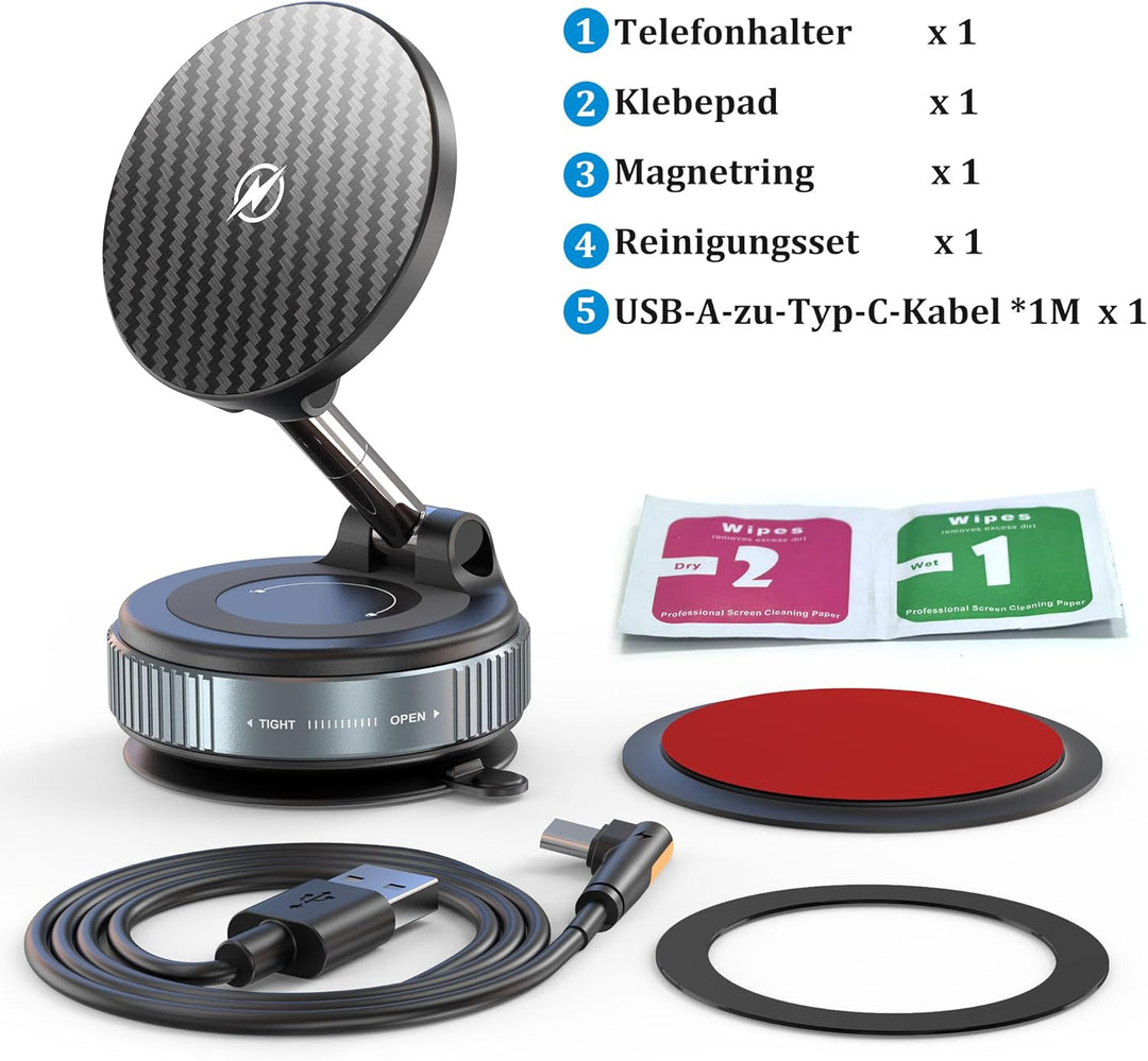 PlusAcc Vakuum Handyhalterung Auto mit Ladefunktion - Saugnapf 360° Drehbar Klappbar Magnetisch Hand