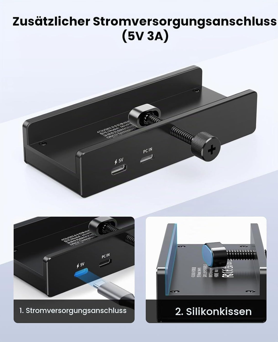 ORICO Clip-Typ USB Hub mit SD/TF Kartenleser, 5 in 1 USB Hub 3.0 mit 2 Typ A 3.0 Ports, 3.5 mm Audio