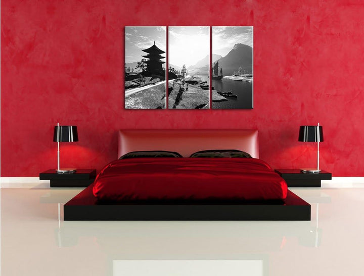 Pixxprint asiatischer Tempel an Fluss als Leinwandbild/Grösse: 3 Teilig (120x80) cm/Wandbild/Kunstdr