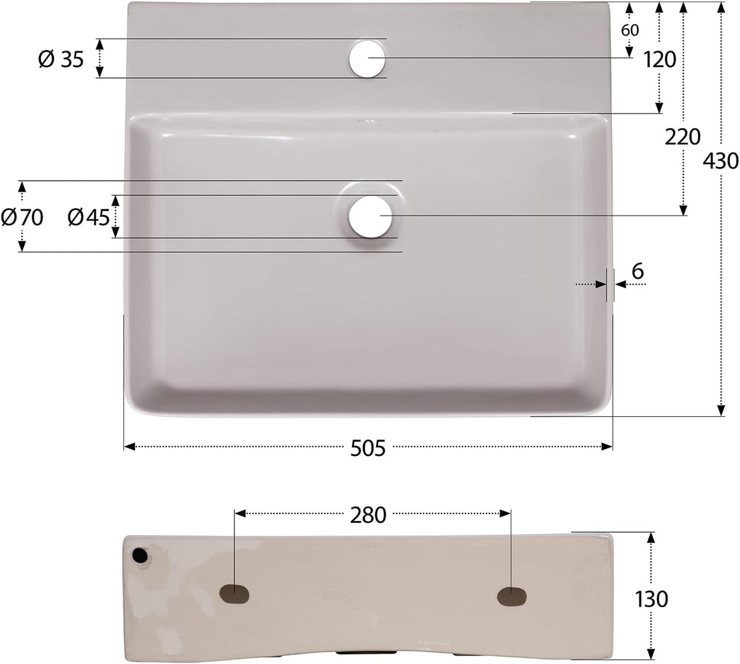 'aquaSu® Moderner Waschtisch Riga 51 cm | Eckiges Design-Waschbecken mit Überlauf und Hahnloch | Hän