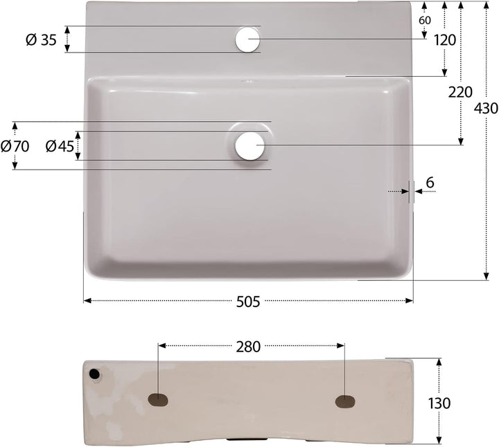 'aquaSu® Moderner Waschtisch Riga 51 cm | Eckiges Design-Waschbecken mit Überlauf und Hahnloch | Hän