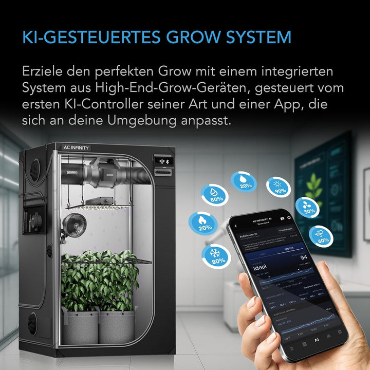 AC Infinity AI Grow Zelt-System Kompakt 60 x 60 x 120 cm – 1-Pflanzen-Komplettset mit selbstlernende