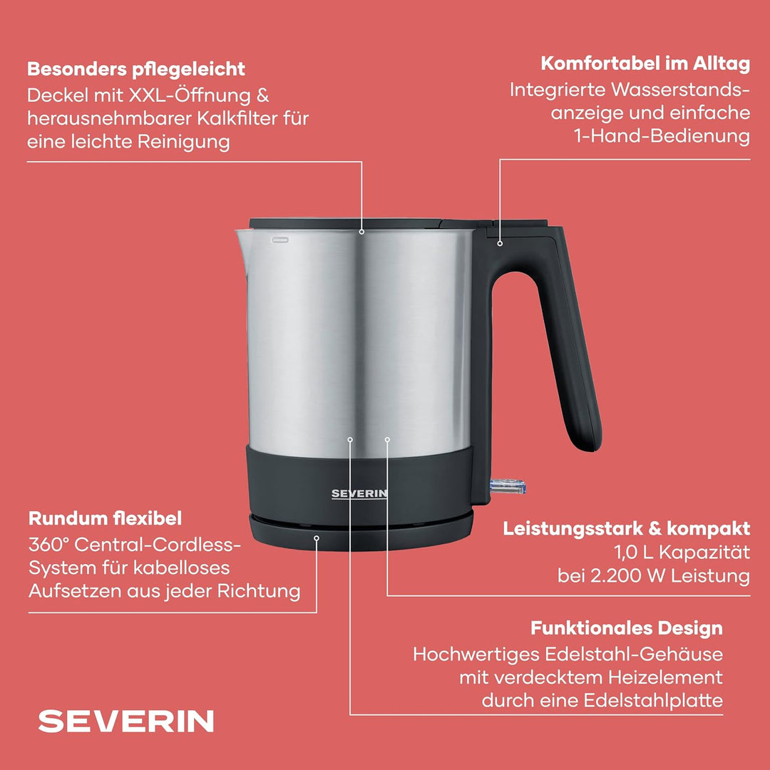 SEVERIN Wasserkocher, leistungsstarker und kompakter Edelstahl Wasserkocher in hochwertigem Design,