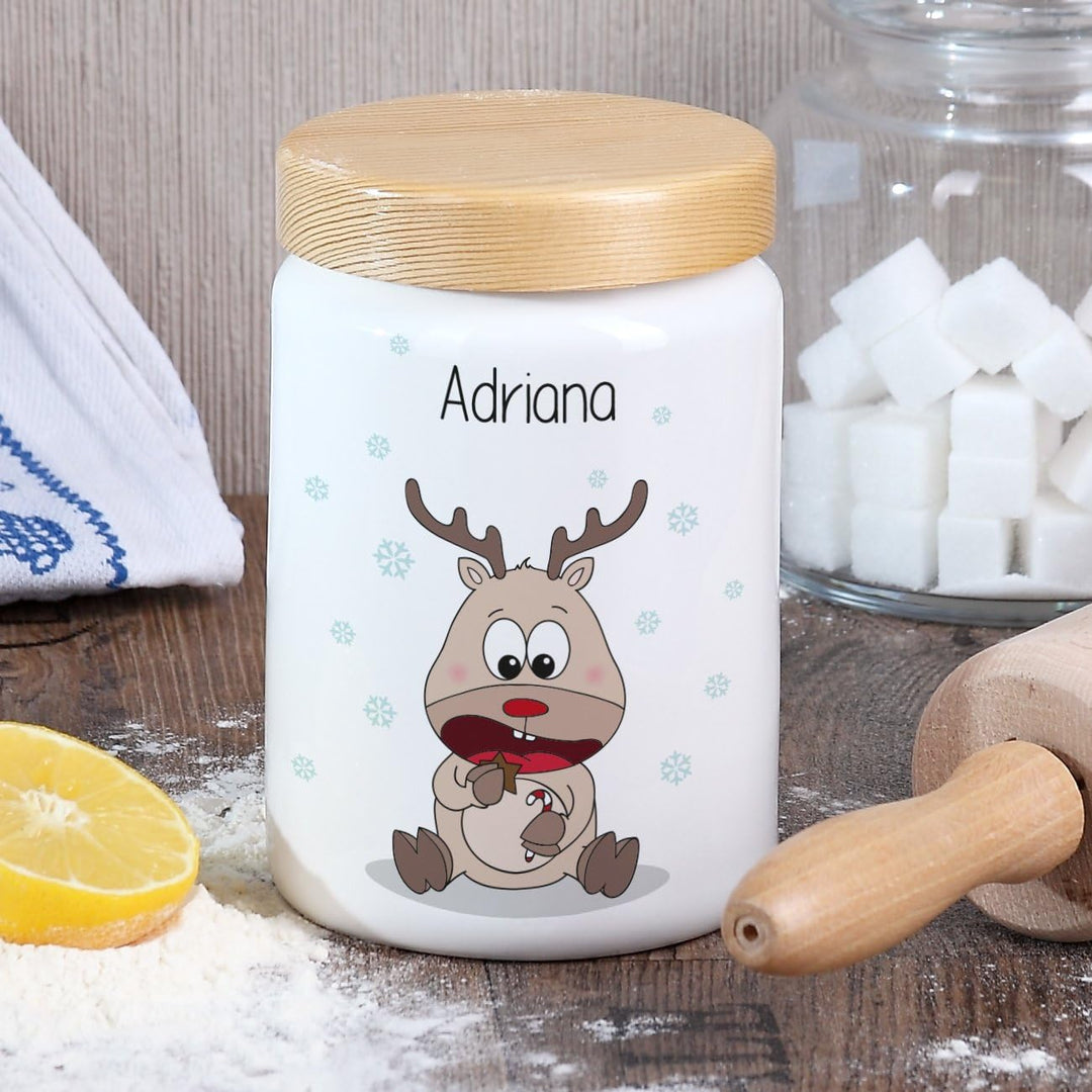 Herz & Heim® Keksdose personalisiert mit Ihrem Wunschnamen zu Weihnachten für Ihre Plätzchen (Rentie