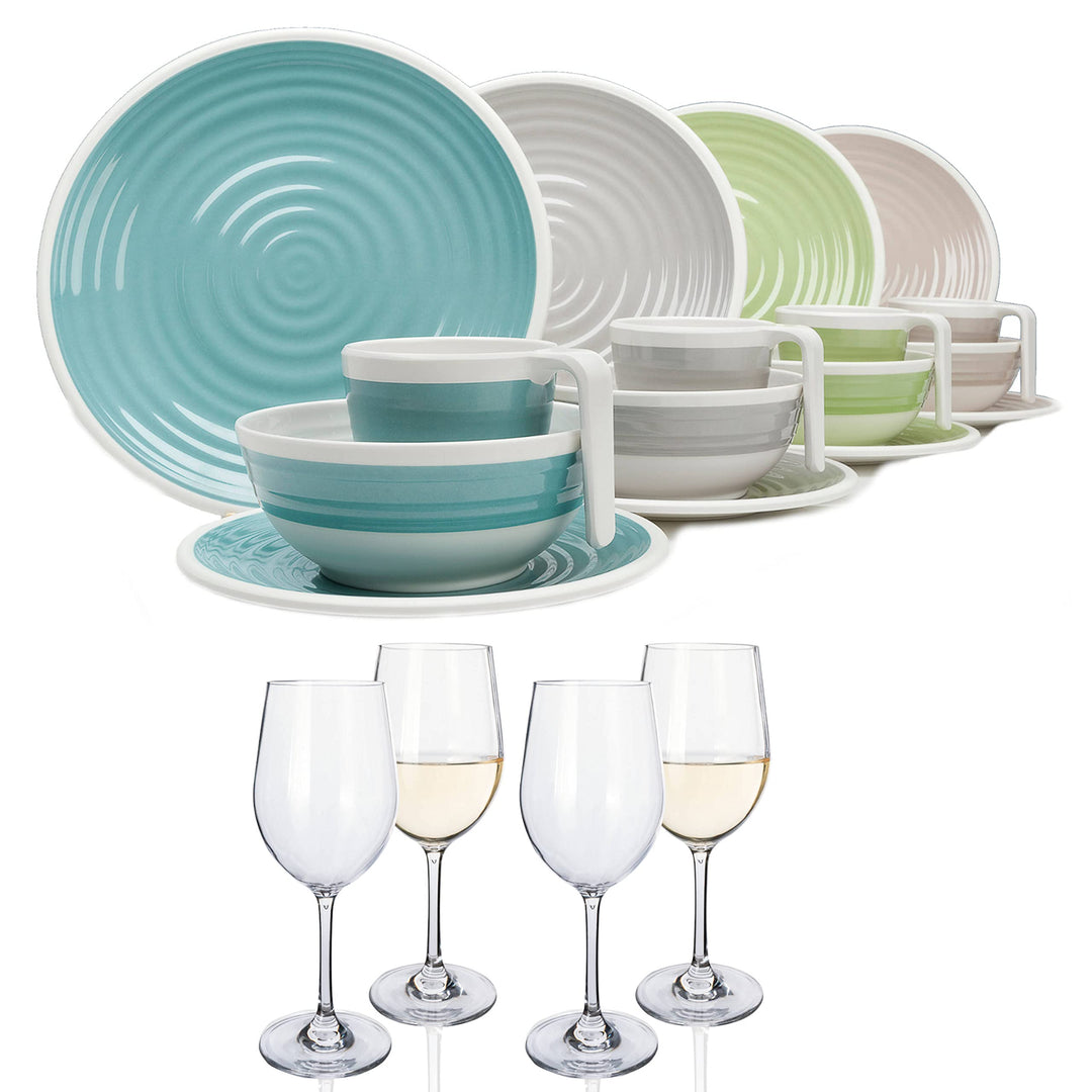Melamin Camping Geschirr Set 1-4 Personen Harmonie 4-32 Teilig + Gläser Wassergläser Weingläser Cham