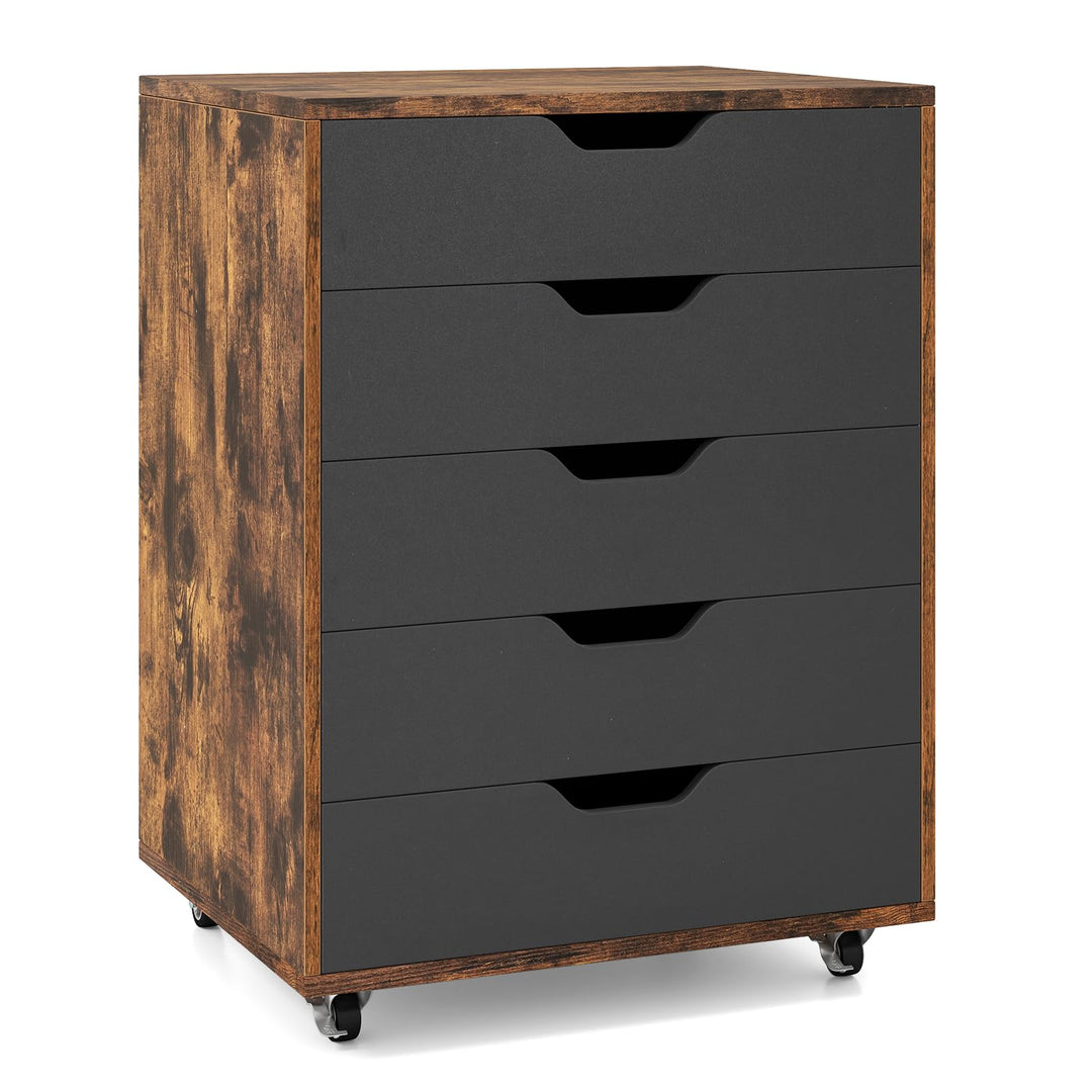 GIANTEX Rollcontainer mit 5 Schubladen, Aktenschrank mit Rollen, Schubladenschrank Holz unter Schrei