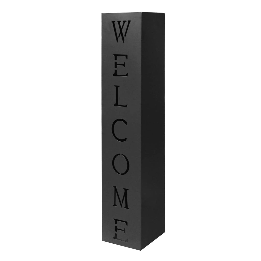 Pflanzsäule Welcome in Schwarz, Fackelsäule aus Metall, Dekosäule für Hauseingang und Vorgarten