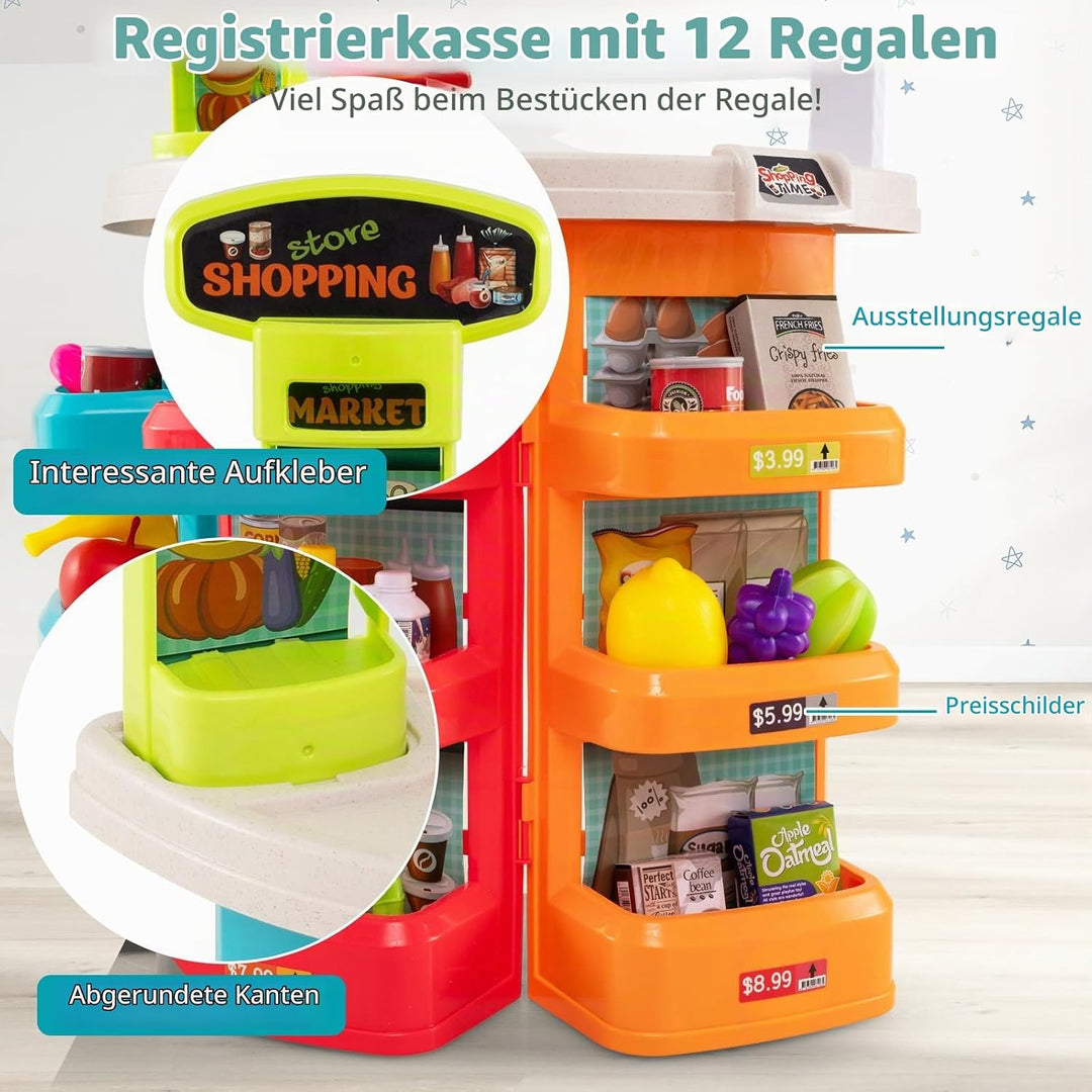 HOMASIS Supermarkt mit Einkaufswagen &amp; 29 Zubehör, Kaufladen mit Licht &amp; Sound, Kaufmannsladen mit K