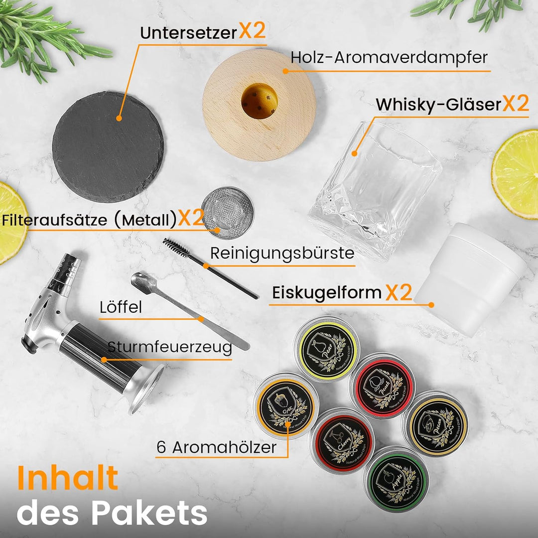 Whiskey Cocktail Smoker Set mit Brenner, 6 Geschmacksrichtungen Holzspäne, 2 Gläser, 2 Eisball-Forme