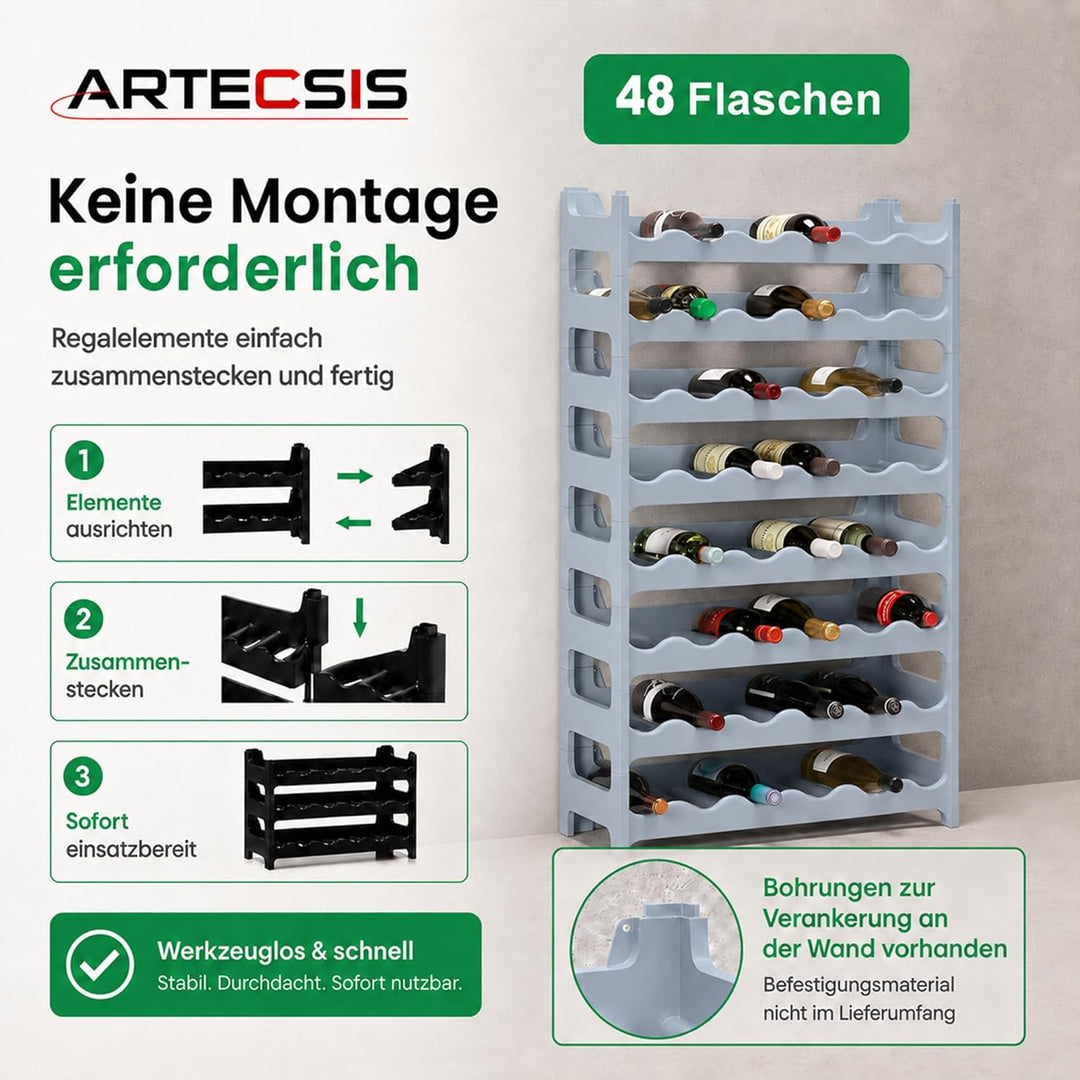 ARTECSIS® Weinregal stapelbar & modular erweiterbar Kunststoff für 48 Weinflaschen (betongrau) - Sta