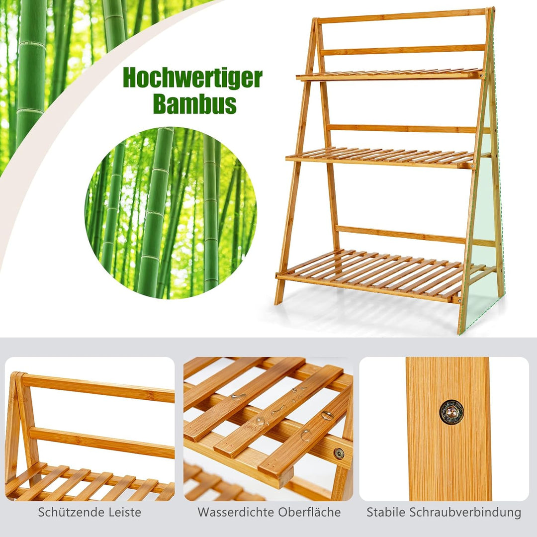 GOPLUS 3 Ebenen Blumenregal Bambus, klappbares Pflanzenregal, Blumentreppe, Blumenständer, Blumenlei