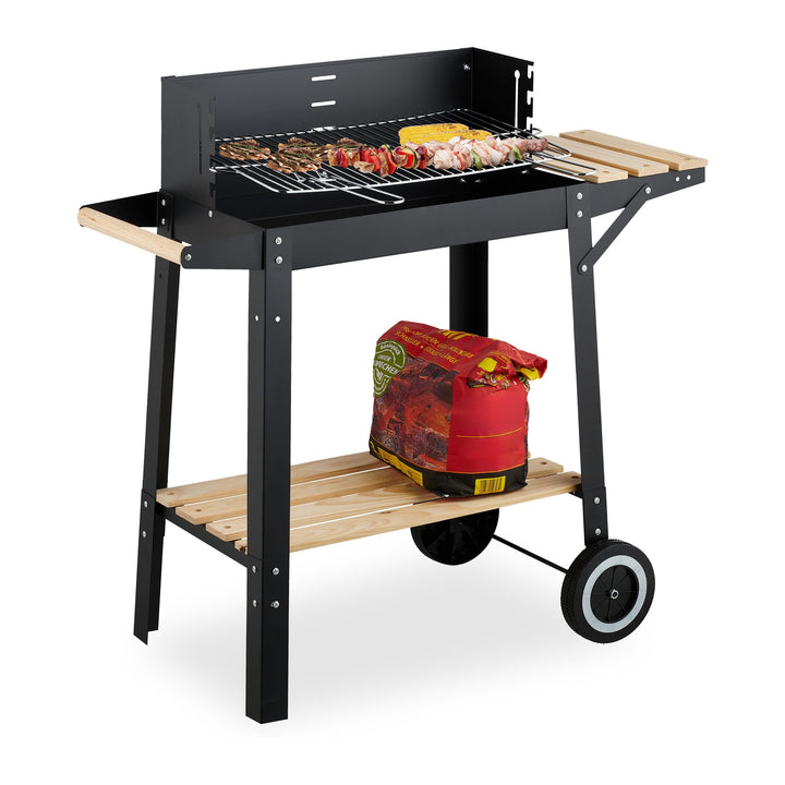 Relaxdays Grill mit Rädern, 2 Ablagen, höhenverstellbarer Rost, Windschutz, Grillwagen HBT: 80,5 x 8