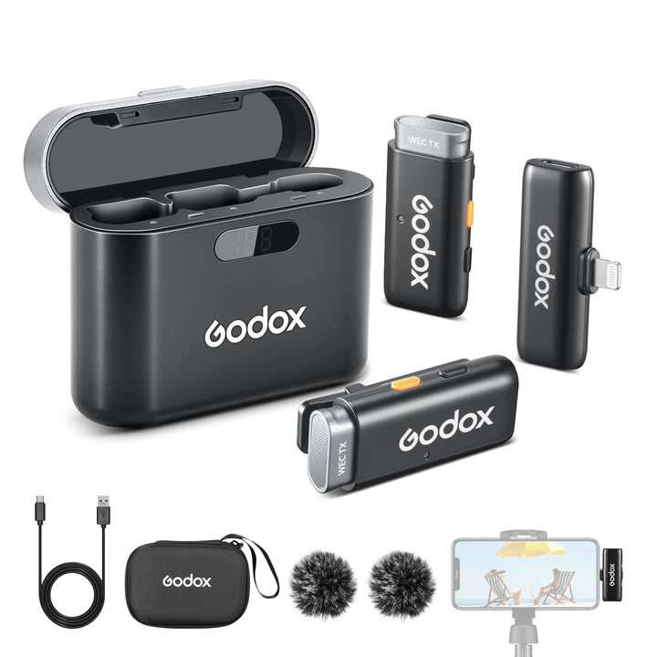 Godox WES1 Kit2 Kabelloses Lavalier-Mikrofon für iPhone/Lightning,8 Stunden Akkulaufzeit, Zweikanal-