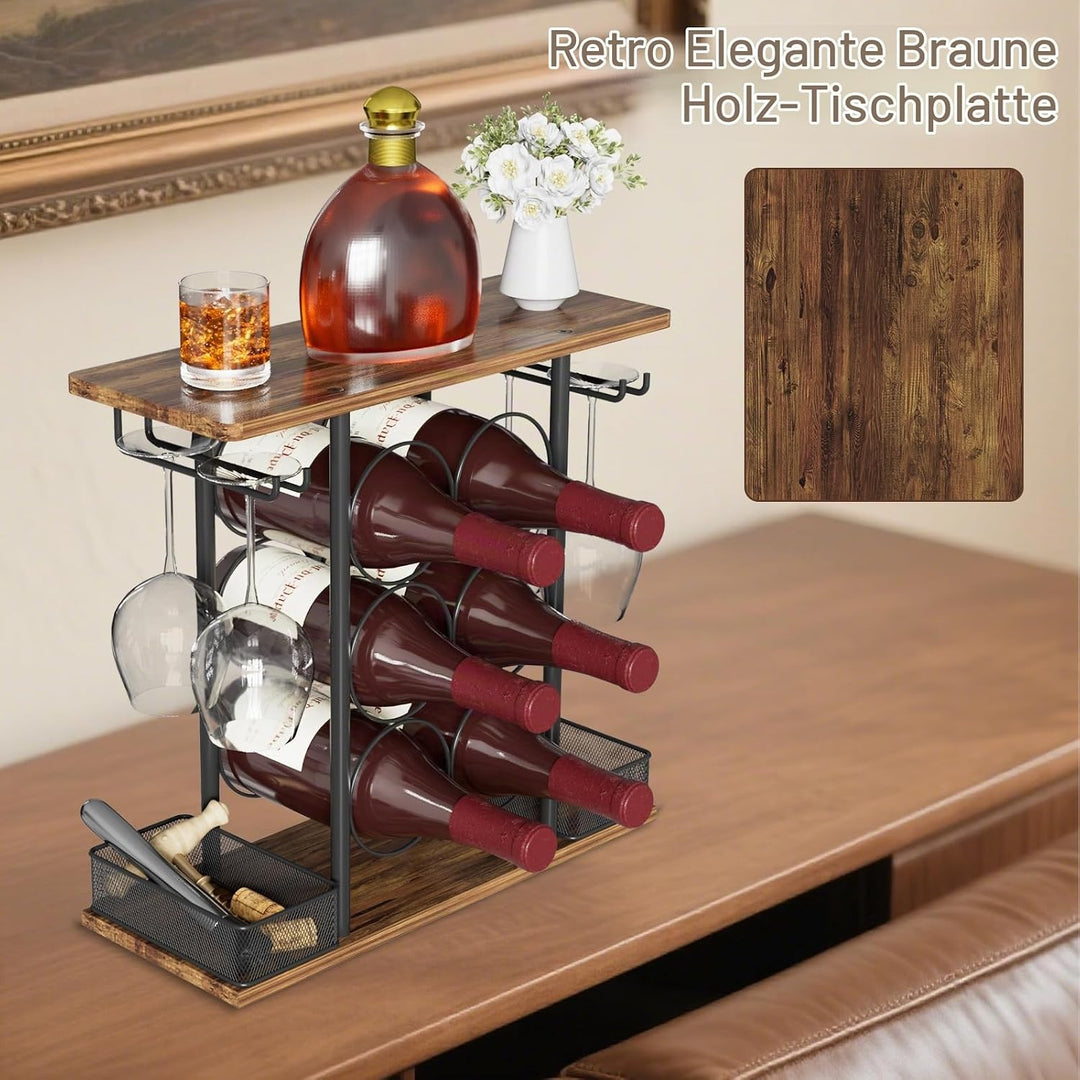Weinregal für die Tischplatte, geeignet für 6 Weinflaschen und 4 Gläser, freistehendes Regal, zur Au