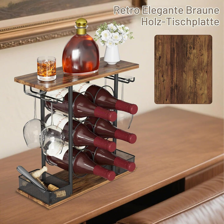 Weinregal für die Tischplatte, geeignet für 6 Weinflaschen und 4 Gläser, freistehendes Regal, zur Au