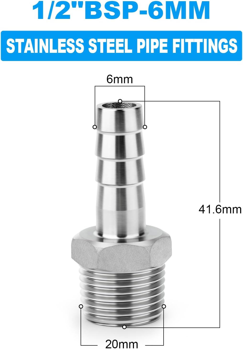 ERGAOBOY 10 Stück 304 Edelstahl 6 MM OD Barb auf 1/2" BSP männlich Schlauch Barb, Kompression Fittin