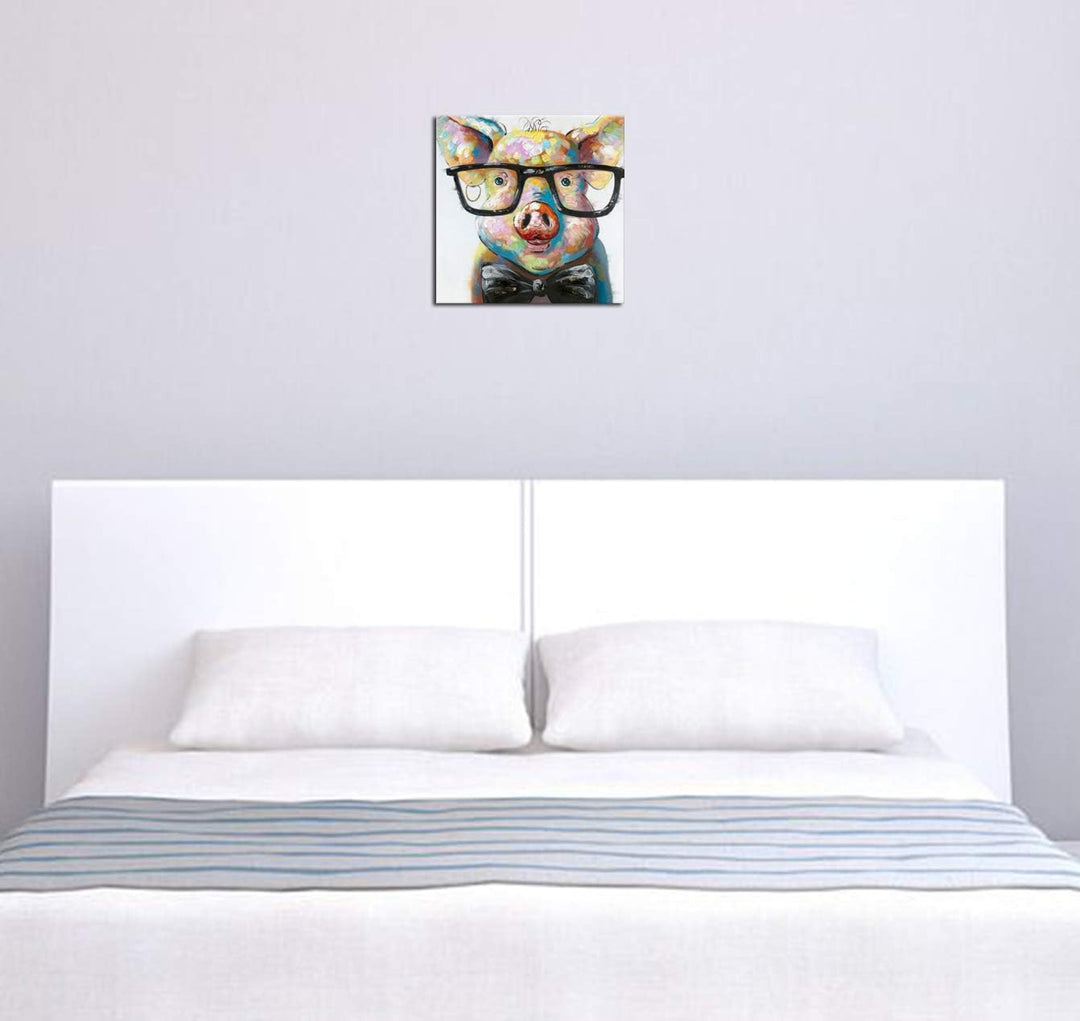 Fokenzary handbemalt Cute Pig mit Brille Pop Art Wand Leinwand Gemälde gerahmt fertig zum Aufhngen 1