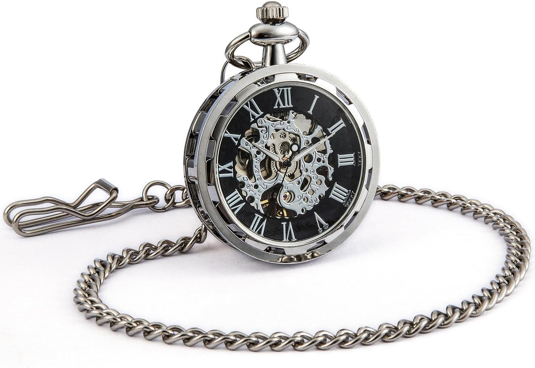 SEWOR Single Face Mechanische Handaufzugwerk Taschenuhr Silber Schwarz, Silber Schwarz