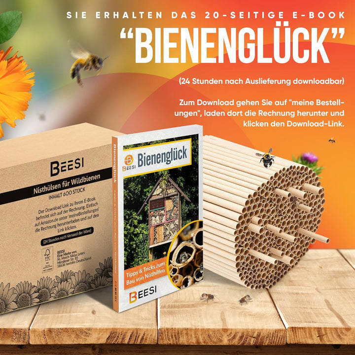 BEESI 600x Nisthülsen für Wildbienen 6 und 8 mm Ø I Wasserabweisend hohe Lebensdauer I Nisthilfe, Zu