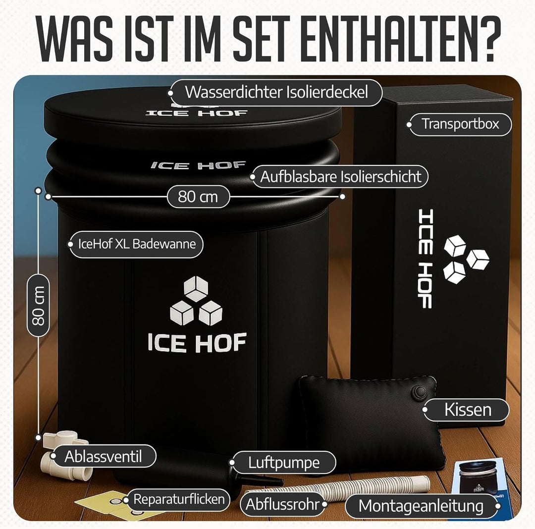 IceHof® Eisbad Tonne XL Plusgrösse Ø80x80cm für Athleten mit Abdeckung, Faltbare Aufblasbare Badewan