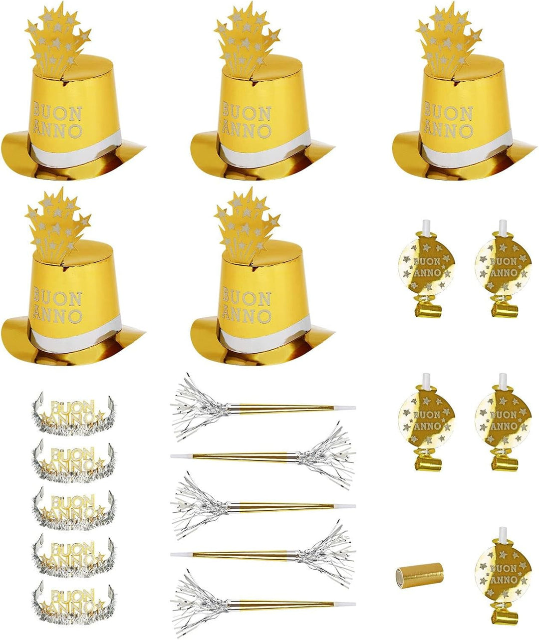 "GOLD BUON ANNO PARTY KIT" for 10 persons (5 top hats, 5 crowns, 5 sounding trumpets, 5 sounding blo
