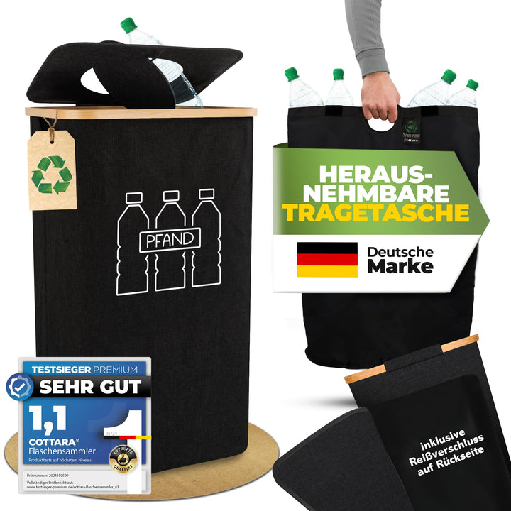 COTTARA® Pfandflaschen Sammelbehälter mit Deckel und Tragetasche | Pfandbehälter mit Loch drehbar |